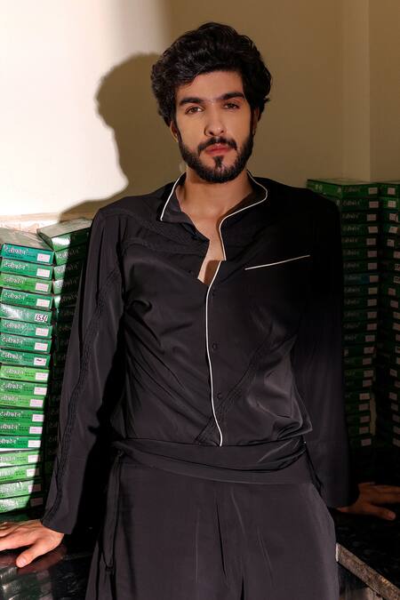 Buy_Jatin Malik_Black Crepe Embroidery Monochrome Jacket Shirt Trouser Set _Online_at_Aza_Fashions