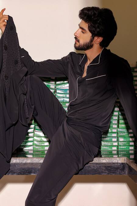 Shop_Jatin Malik_Black Crepe Embroidery Monochrome Jacket Shirt Trouser Set _Online_at_Aza_Fashions