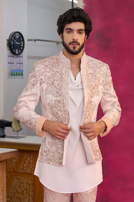 Jatin Malik_Pink Linen, Silk, Crepe Embroidery Pastel Bandhgala Set _Online_at_Aza_Fashions