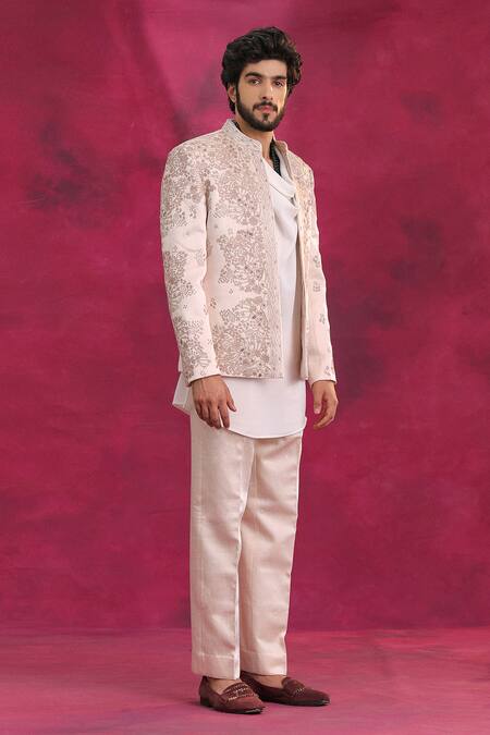 Buy_Jatin Malik_Pink Linen, Silk, Crepe Embroidery Pastel Bandhgala Set _Online_at_Aza_Fashions