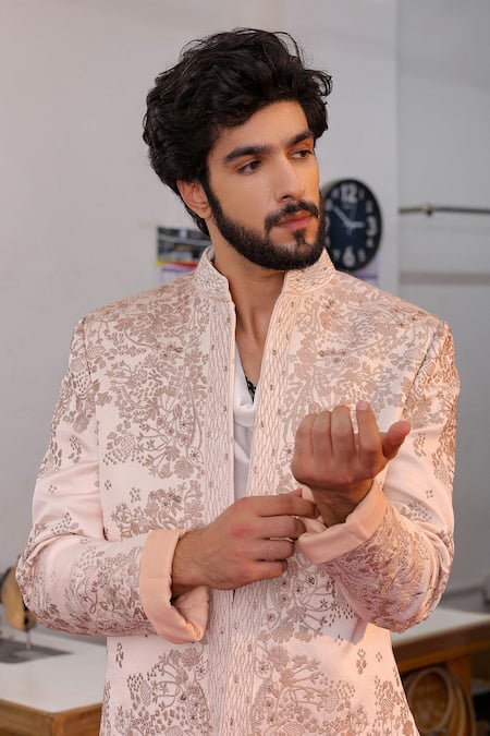 Shop_Jatin Malik_Pink Linen, Silk, Crepe Embroidery Pastel Bandhgala Set _Online_at_Aza_Fashions