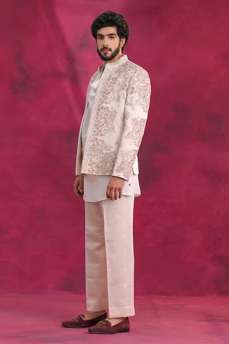 Jatin Malik_Pink Linen, Silk, Crepe Embroidery Pastel Bandhgala Set _at_Aza_Fashions
