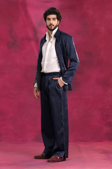 Jatin Malik Midnight Blue Crepe Jacket Shirt Trouser Set 