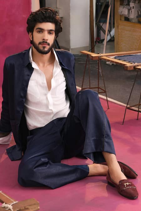 Jatin Malik Midnight Blue Crepe Jacket Shirt Trouser Set 