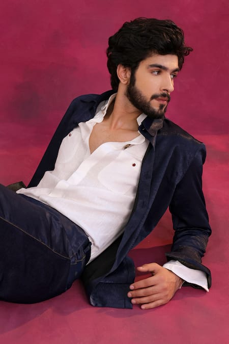 Jatin Malik_Blue Crepe, Linen Midnight Jacket Shirt Trouser Set _Online_at_Aza_Fashions