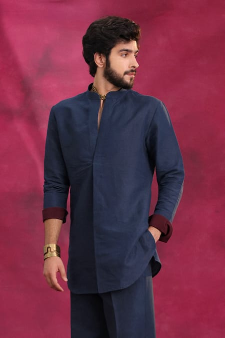 Jatin Malik_Blue Cotton, Linen Midnight Shirt Kurta Set _Online_at_Aza_Fashions