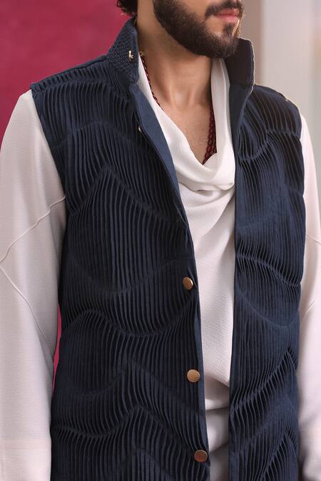 Jatin Malik_Navy Cotton, Linen, Crepe Midnight Blue Ripple Set _Online_at_Aza_Fashions