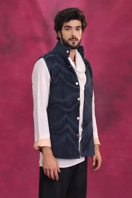 Buy_Jatin Malik_Navy Cotton, Linen, Crepe Midnight Blue Ripple Set _Online_at_Aza_Fashions
