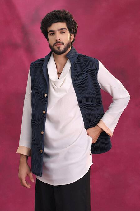 Shop_Jatin Malik_Navy Cotton, Linen, Crepe Midnight Blue Ripple Set _Online_at_Aza_Fashions