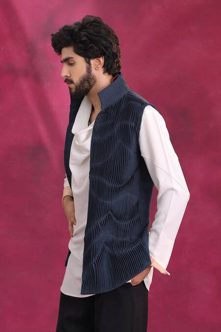 Jatin Malik_Navy Cotton, Linen, Crepe Midnight Blue Ripple Set _at_Aza_Fashions