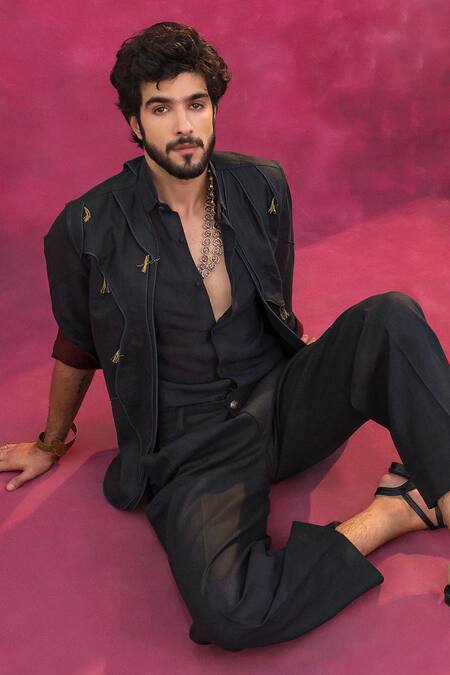 Buy_Jatin Malik_Charcoal Cotton, Linen Embroidery Designer River Set _Online_at_Aza_Fashions