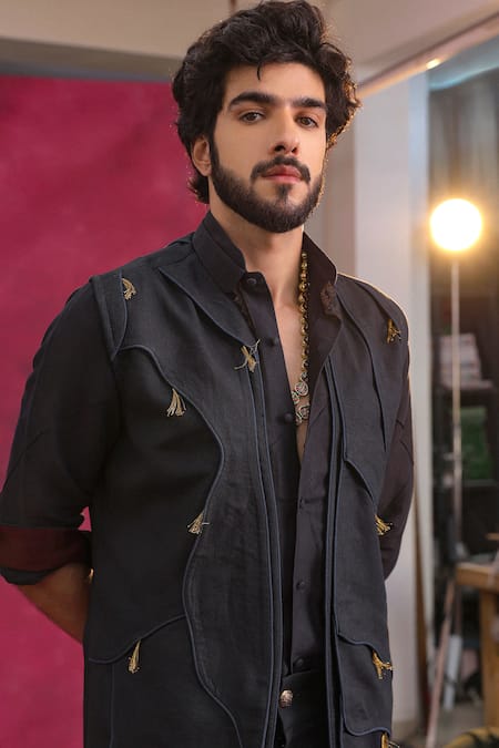 Shop_Jatin Malik_Charcoal Cotton, Linen Embroidery Designer River Set _Online_at_Aza_Fashions