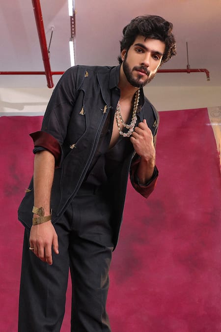 Jatin Malik_Charcoal Cotton, Linen Embroidery Designer River Set _at_Aza_Fashions