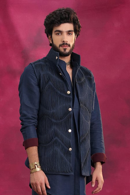 Buy_Jatin Malik_Navy Cotton, Linen Midnight Ripple Set _Online_at_Aza_Fashions