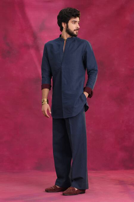 Shop_Jatin Malik_Navy Cotton, Linen Midnight Ripple Set _Online_at_Aza_Fashions
