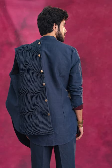 Jatin Malik_Navy Cotton, Linen Midnight Ripple Set _at_Aza_Fashions