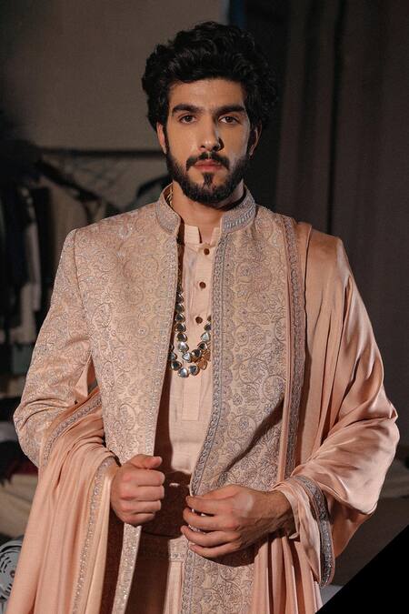 Buy_Jatin Malik_Pink Linen, Silk Embroidery Natural Beige Sherwani Set _Online_at_Aza_Fashions