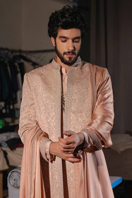Shop_Jatin Malik_Pink Linen, Silk Embroidery Natural Beige Sherwani Set _Online_at_Aza_Fashions