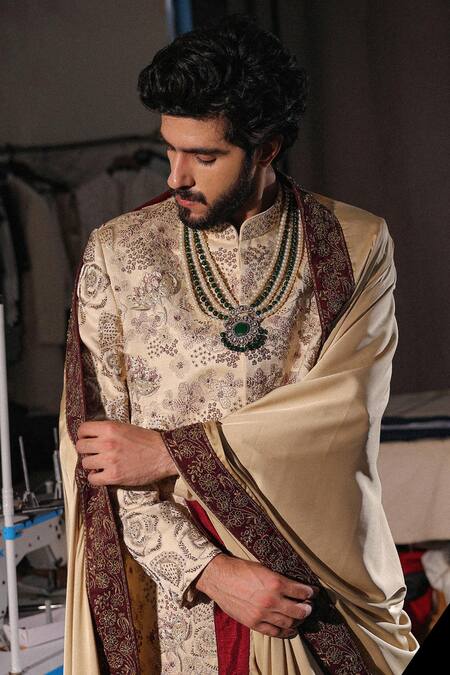 Jatin Malik_Gray Linen, Silk Beads, Embroidery Gold Lace Sherwani Set _Online_at_Aza_Fashions