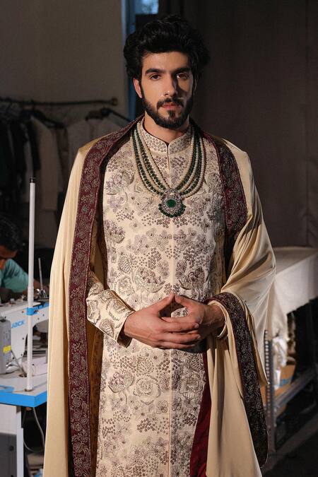 Buy_Jatin Malik_Gray Linen, Silk Beads, Embroidery Gold Lace Sherwani Set _Online_at_Aza_Fashions