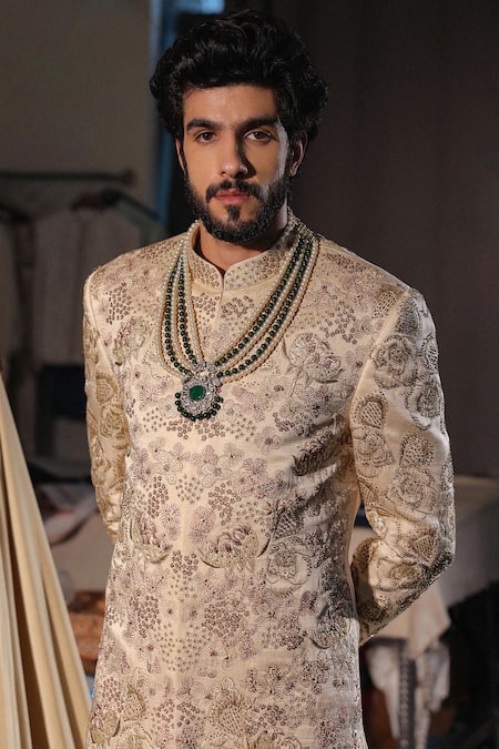 Shop_Jatin Malik_Gray Linen, Silk Beads, Embroidery Gold Lace Sherwani Set _Online_at_Aza_Fashions