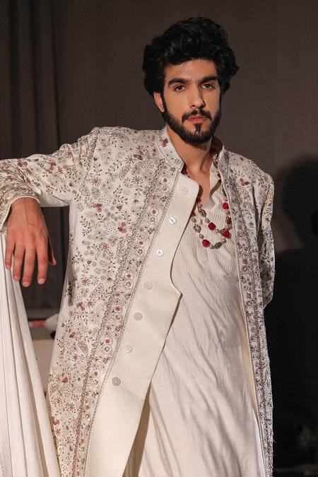 Jatin Malik_Ivory Linen, Silk Embroidery, Beads Imperial White Sherwani Set _Online_at_Aza_Fashions