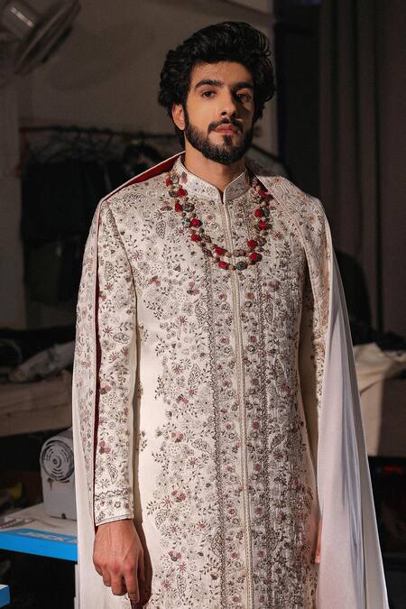 Buy_Jatin Malik_Ivory Linen, Silk Embroidery, Beads Imperial White Sherwani Set _Online_at_Aza_Fashions