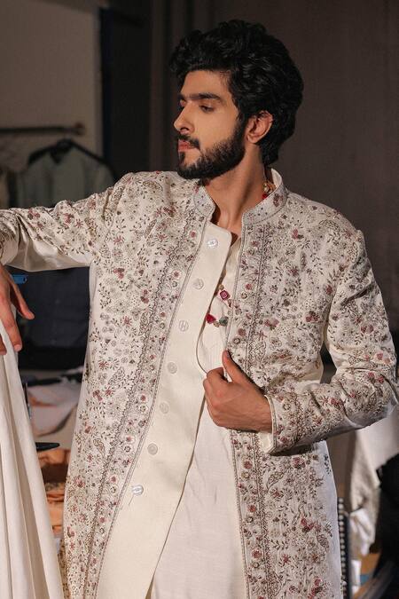 Shop_Jatin Malik_Ivory Linen, Silk Embroidery, Beads Imperial White Sherwani Set _Online_at_Aza_Fashions