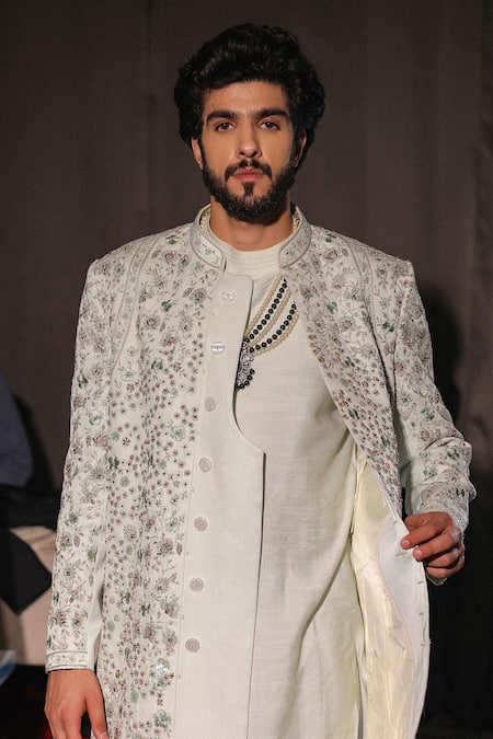 Jatin Malik_Blue Linen, Silk Embroidery Floral Print Sherwani Set _Online_at_Aza_Fashions