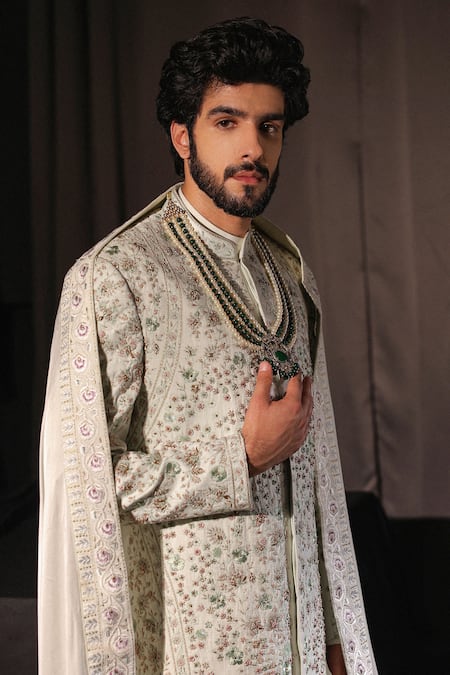 Buy_Jatin Malik_Blue Linen, Silk Embroidery Floral Print Sherwani Set _Online_at_Aza_Fashions