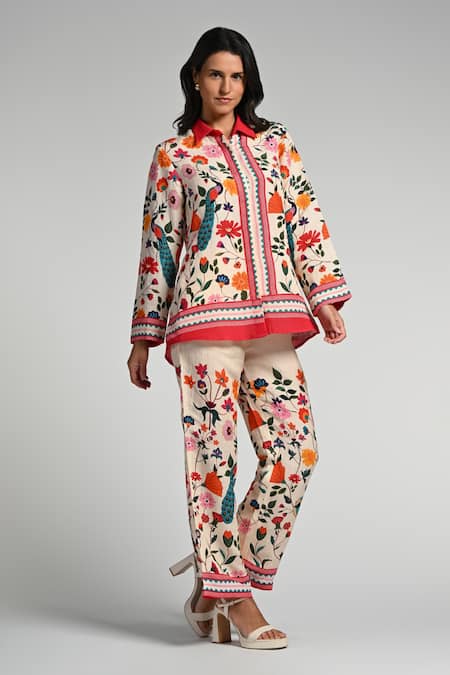 Taroob Multi Color Linen Embroidery Collared Bageecha Co-ord Set 