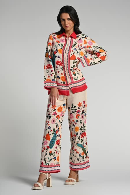 Taroob_Multi Color Linen Embroidery Collared Bageecha Co-ord Set_Online_at_Aza_Fashions