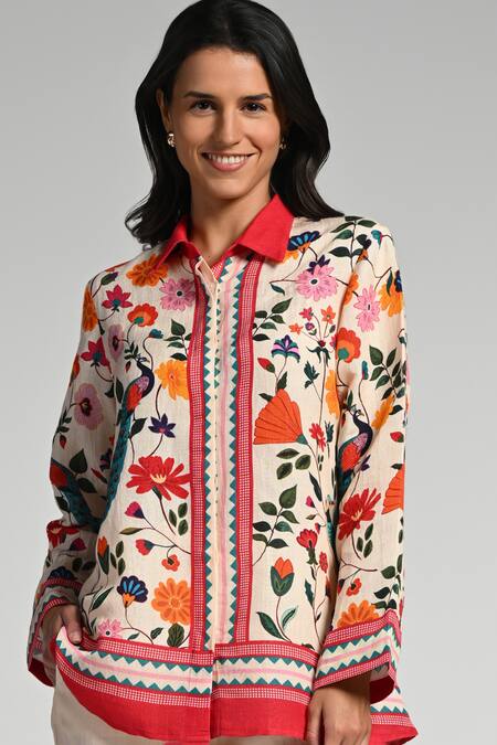 Buy_Taroob_Multi Color Linen Embroidery Collared Bageecha Co-ord Set_Online_at_Aza_Fashions