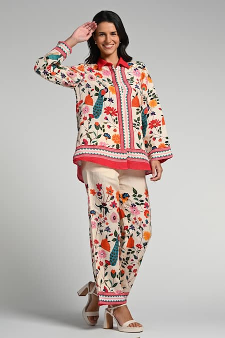 Shop_Taroob_Multi Color Linen Embroidery Collared Bageecha Co-ord Set_Online_at_Aza_Fashions