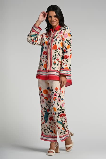 Taroob_Multi Color Linen Embroidery Collared Bageecha Co-ord Set_at_Aza_Fashions