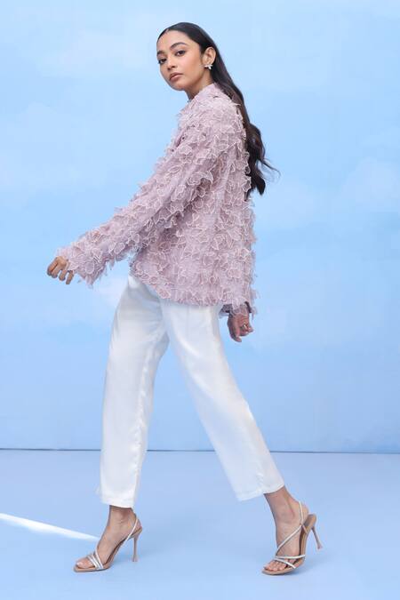 Couché By Anandini Mauve Silk Embroidery Collared 3d Blush Petal Shirt Online at Aza Fashions Couché By Anandini_Mauve Silk Embroidery Collared 3d Blush Petal Shirt _Online_at_Aza_Fashions