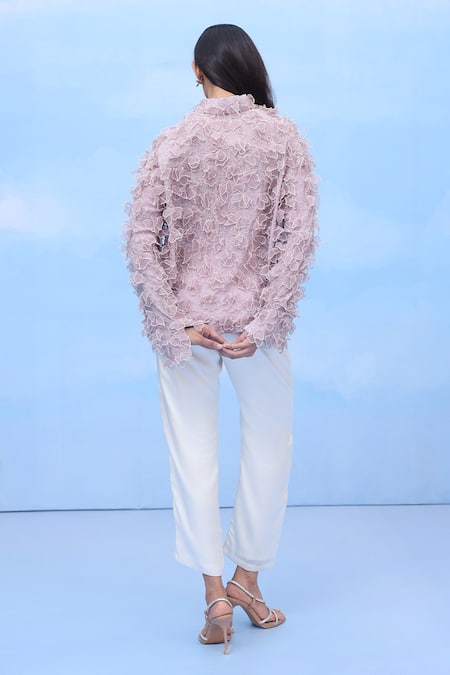 Shop Couché By Anandini Mauve Silk Embroidery Collared 3d Blush Petal Shirt at Aza Fashions Shop_Couché By Anandini_Mauve Silk Embroidery Collared 3d Blush Petal Shirt _at_Aza_Fashions