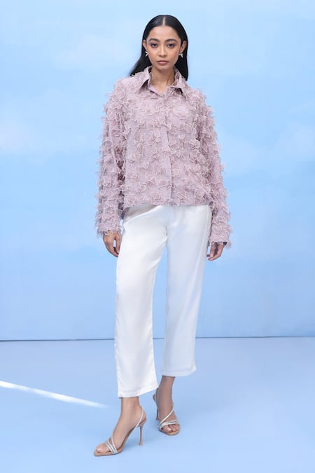 COUCHÉ BY ANANDINI Purple Silk, Crepe Fabric Flowers Collared 3d Blush Petal Shirt