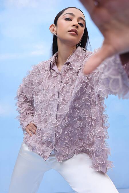Buy Couché By Anandini Mauve Silk Embroidery Collared 3d Blush Petal Shirt Online at Aza Fashions Buy_Couché By Anandini_Mauve Silk Embroidery Collared 3d Blush Petal Shirt _Online_at_Aza_Fashions