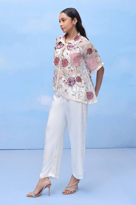 Couché By Anandini Multi Color Silk Organza Applique Collared Sweet Cherry Blossom Print Shirt Online at Aza Fashions Couché By Anandini_Multi Color Silk Organza Applique Collared Sweet Cherry Blossom Print Shirt _Online_at_Aza_Fashions