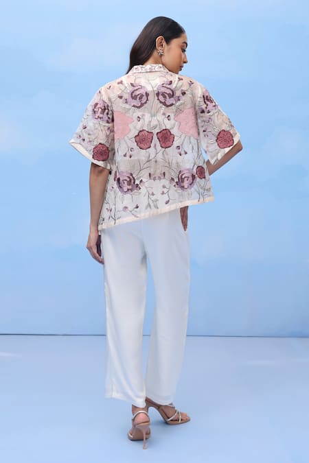 Shop Couché By Anandini Multi Color Silk Organza Applique Collared Sweet Cherry Blossom Print Shirt at Aza Fashions Shop_Couché By Anandini_Multi Color Silk Organza Applique Collared Sweet Cherry Blossom Print Shirt _at_Aza_Fashions