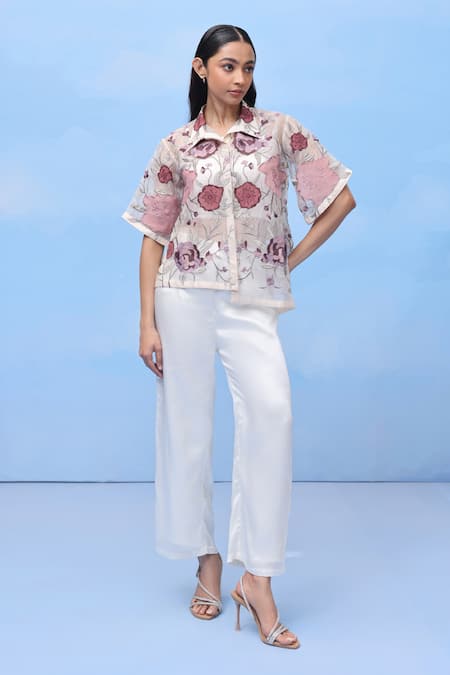 COUCHÉ BY ANANDINI Purple Silk Organza Embroidery Collared Floral Print Shirt 
