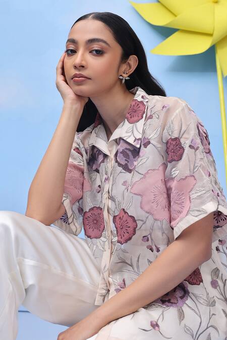 Buy Couché By Anandini Multi Color Silk Organza Applique Collared Sweet Cherry Blossom Print Shirt Online at Aza Fashions Buy_Couché By Anandini_Multi Color Silk Organza Applique Collared Sweet Cherry Blossom Print Shirt _Online_at_Aza_Fashions