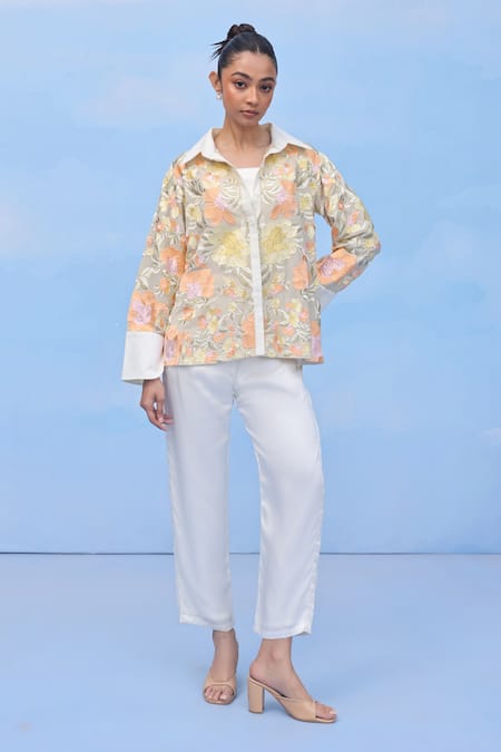 COUCHÉ BY ANANDINI Peach Silk, Crepe Embroidery Collared Floral Designer Shirt 