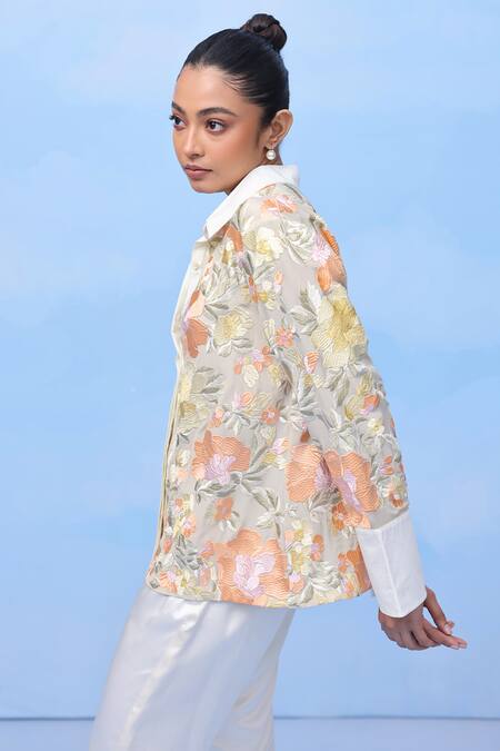 Couché By Anandini Multi Color Silk, Crepe Embroidery Collared Garden Glory Floral Shirt Online at Aza Fashions Couché By Anandini_Multi Color Silk, Crepe Embroidery Collared Garden Glory Floral Shirt _Online_at_Aza_Fashions