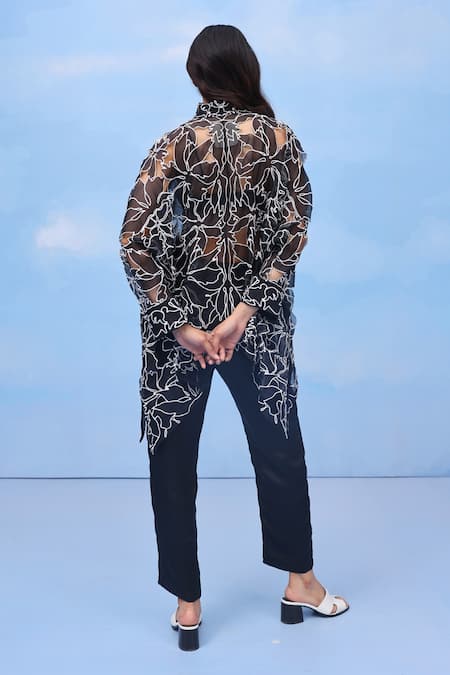 Shop Couché By Anandini Black Silk Organza Embroidery Collared Floral Cut Bloom Designer Shirt at Aza Fashions Shop_Couché By Anandini_Black Silk Organza Embroidery Collared Floral Cut Bloom Designer Shirt _at_Aza_Fashions