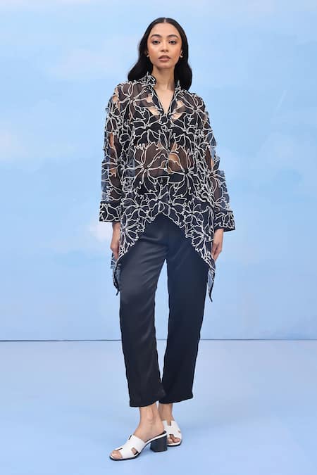 COUCHÉ BY ANANDINI Black Silk Organza Embroidery Collared Floral Cut Bloom Designer Shirt