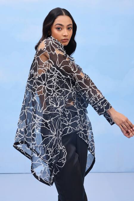 Couché By Anandini Black Silk Organza Embroidery Collared Floral Cut Bloom Designer Shirt Online at Aza Fashions Couché By Anandini_Black Silk Organza Embroidery Collared Floral Cut Bloom Designer Shirt _Online_at_Aza_Fashions