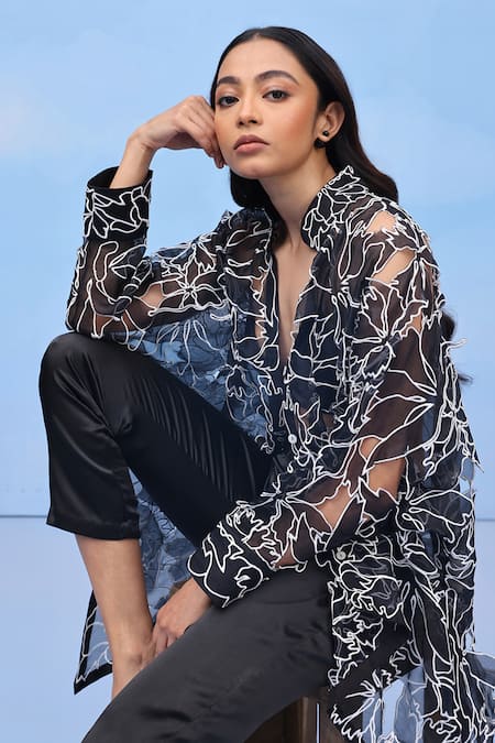 Buy Couché By Anandini Black Silk Organza Embroidery Collared Floral Cut Bloom Designer Shirt Online at Aza Fashions Buy_Couché By Anandini_Black Silk Organza Embroidery Collared Floral Cut Bloom Designer Shirt _Online_at_Aza_Fashions