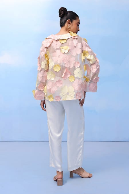 Shop Couché By Anandini Pink Silk Organza Fabric Flowers Collared Three-tone Bloom Shirt at Aza Fashions Shop_Couché By Anandini_Pink Silk Organza Fabric Flowers Collared Three-tone Bloom Shirt _at_Aza_Fashions